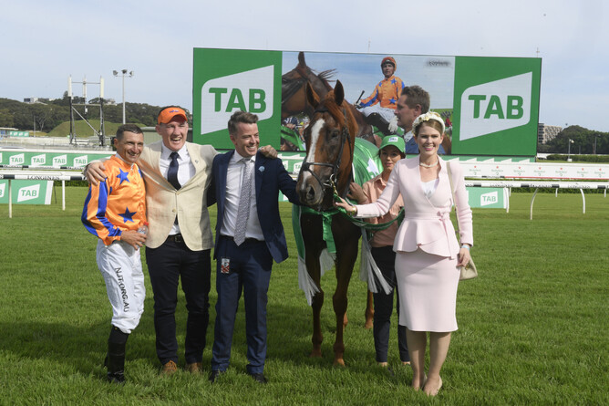 Jamie Richards and connections with Te Akau Shark after his Gr.1 Chipping Norton Stakes (1600m) win. Photo: bradleyphotos.com.au