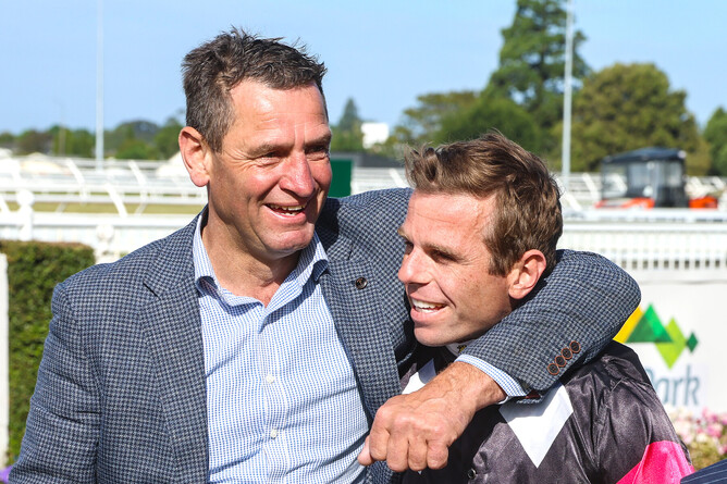 Trainer Robbie Patterson and jockey Craig Grylls were all smiles after Puntura's Gr.3 Coupland's Bakeries Mile win on Wednesday. - Photo: Race Images South