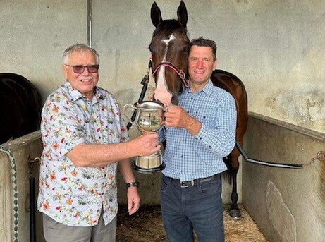 Eddie Bourke (left) and trainer Robbie Patterson with One Bold Cat after his win in the Gr.3 Counties Cup (2100m) - Photo: Supplied