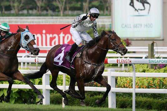 Alibi (Glen Boss) holds his rivals at bay in the Stewards' Cup at Kranji. Photo: Singapore Turf Club.