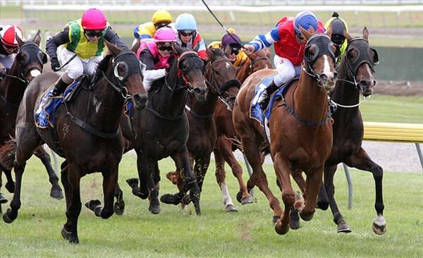 Dozintmateranyway (blue cap, red jacket) wins the CJC East Cup at Riccarton - Photo NZTM website