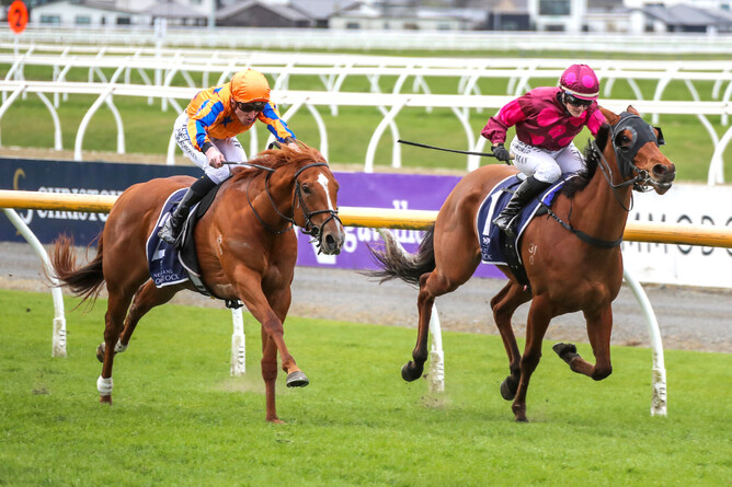 Viva Vienna (left) storms home outside of Illicit Dreams to claim the Listed New Zealand Bloodstock Canterbury Belle Stakes (1200m). - Photo: Ajay Berry, Race Images South