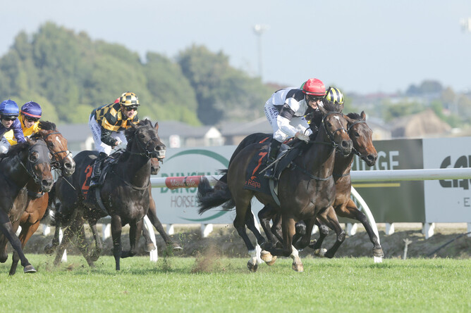 Consistent filly Rainbow Dash on her way to winning the Listed Waikato Equine Veterinary Centre 2yo Stakes at Te Rapa - Trish Dunell