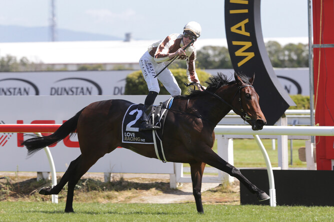 Ryan Elliot salutes as Legarto cruises to victory in the Gr.3 Super Seth Soliloquy Stakes (1400m) at Te Rapa - Photo credit: Trish Dunell