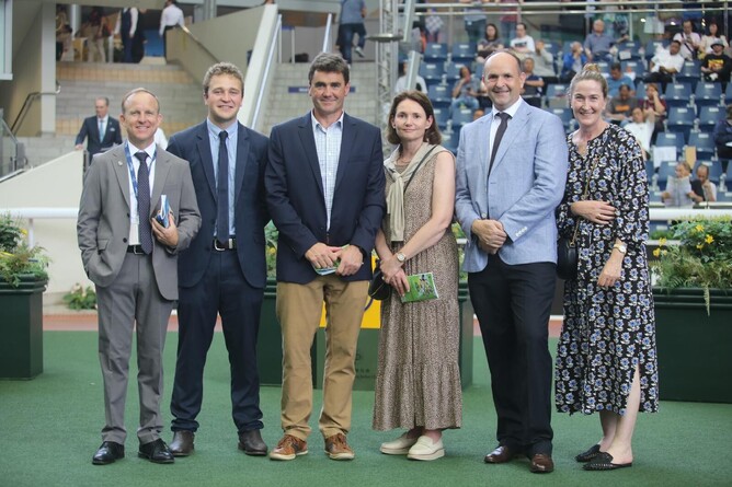 Josh in the Sha Tin Parade Ring with Danny Rolston, Sam and Philippa Trotter, and Matthew and Kathryn Fenwick.