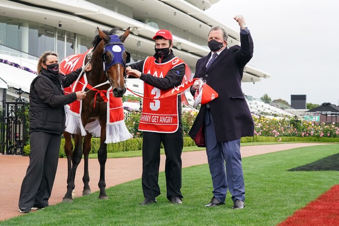 Denis Pagan (right) pictured with his Derby winner Johnny Get Angry Photo Credit: Scott Barbour-Racing Photos
