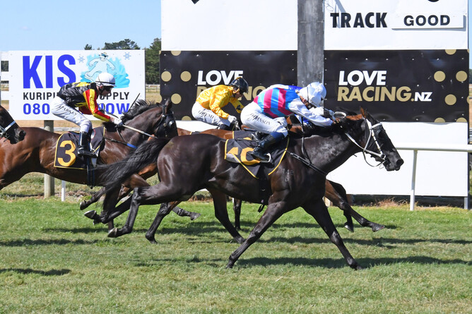 Tabata gets in the deciding stride to win the Listed Property Brokers Wairarapa Thoroughbred Breeders’ Stakes (1600m) at Tauherenikau Photo Credit: Race Images – Peter Rubery