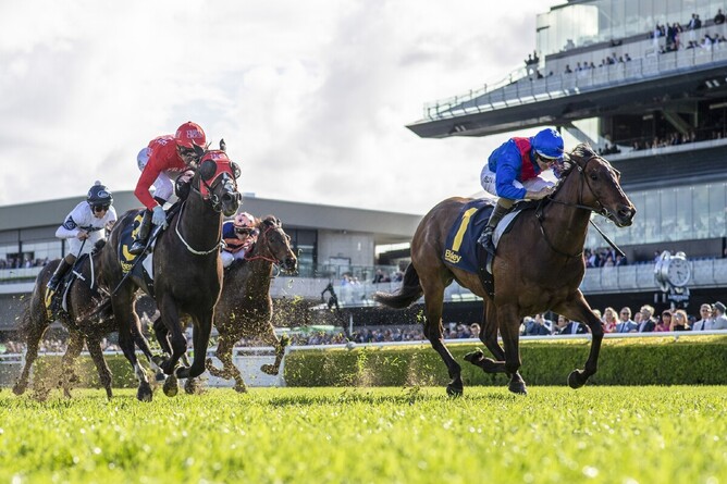 Lost ‘N’ Running (blue cap) wins the Gr.2 Bisley Workwear Premiere Stakes (1200m) at Royal Randwick - Photo:  Bradleyphotos.com.au
