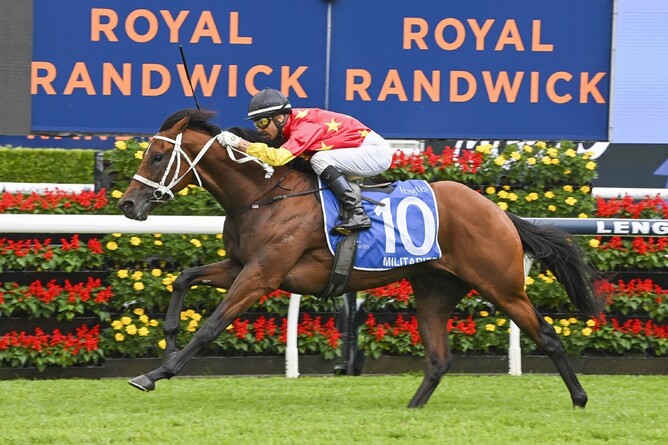 Militarize has the situation well under control as he cruises to the line to win the Gr.1 Inglis Sires’ (1400m) at Randwick - Photo: bradleyphotos.com.au