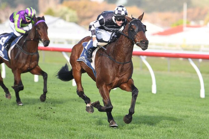 Justaskme winning the Listed AGC Training Stakes WFA (1600m) at Wanganui on Saturday. - Photo: Race Images Palmerston North