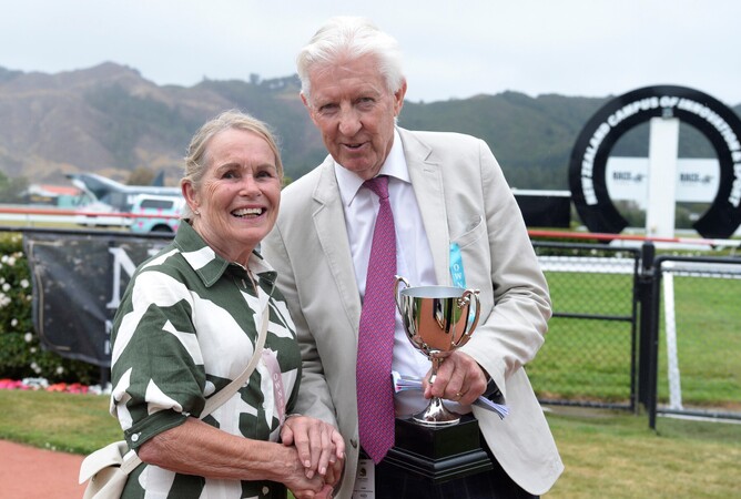 Cathy Franich celebrates Sudbina’s New Zealand Bloodstock Desert Gold Stakes with sponsor’s rep Jim Bruford. - Photo: Race Images