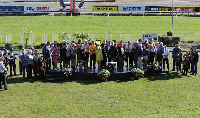 The winning ownership group of Bonny Lass on course at Te Rapa - Photo: Trish Dunell