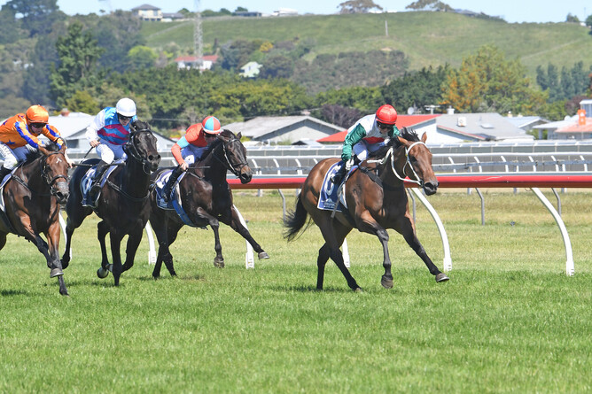 Hitabell on her way to winning last Saturday’s Listed The O’Leary’s Fillies Stakes (1340m) at Wanganui. - Photo: Peter Rubery, Race Images
