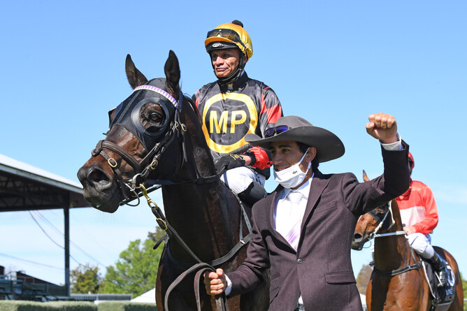 Chad Ormsby with Mana Nui after the colt’s impressive victory at Hastings Photo Credit: Race Images – Peter Rubery