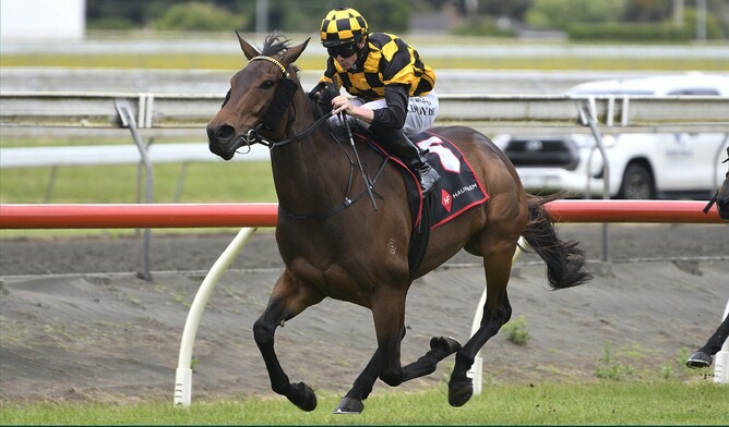 Luberon winning the Gr.3 Haunui Farm Counties Bowl (1100m) at Pukekohe on Saturday - Photo: Kenton Wright (Race Images)