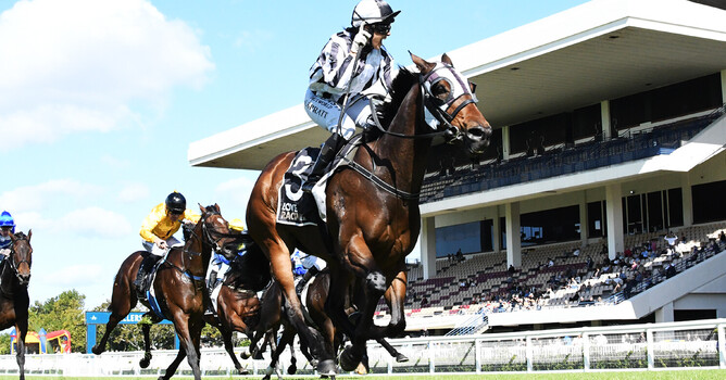Belclare winning the Gr.1 New Zealand Thoroughbred Breeders’ Stakes (1600m) at Ellerslie last Saturday.   - Photo: Kenton Wright (Race Images)