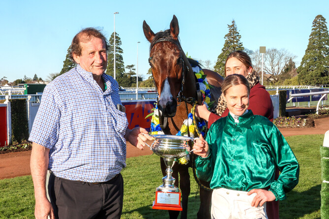 Adrian Bull celebrates with jockey Kelly Myers after Jay Bee Gee won the Gr.3 Winning Edge Presentations Winter Cup (1600m) at Riccarton.   - Photo: Race Images South