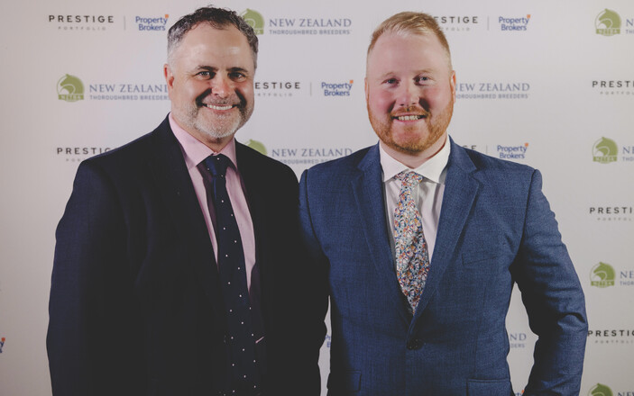 2025 winner Jack Stewart (right) pictured with NZTR CEO Matt Ballesty on behalf of sponsor LOVERACING.NZ