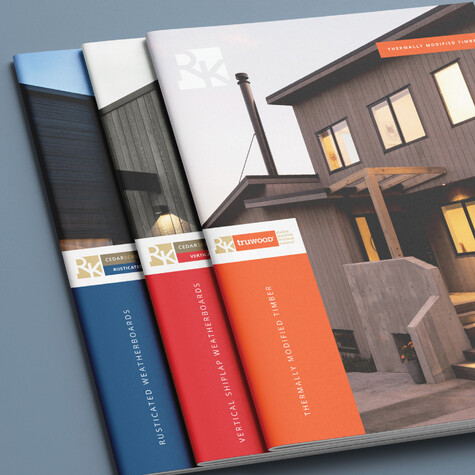 Three examples of Rosenfeld Kidson's product brochures showcasing their brand identity across 3 different timber products.