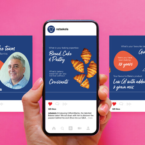 Hand with pink nails holding mobile phone displaying NZ Bakels social post about croissants, with additional post examples to the left and right, all on a bright pink background.