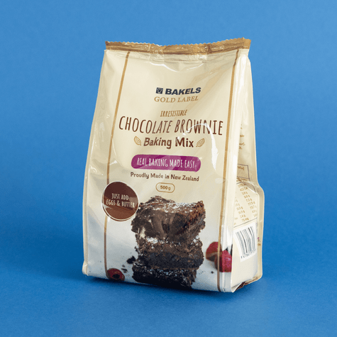 Bakels Gold Label Chocolate Brownie mix package design against a blue backdrop.