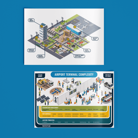 NDY 3D diagram showing user journeys through the airport,  displayed on a tablet.