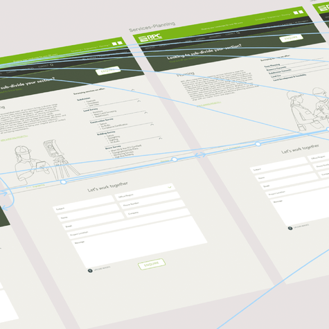 RPC website prototype with user journey synapses, showcasing page layouts, mimimal, clean design with neutral green and beige colours.