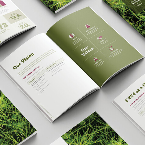 Double page spread of Arborgen annual report highlighting company's vision and values with a neutral colour palette and engaging icons.
