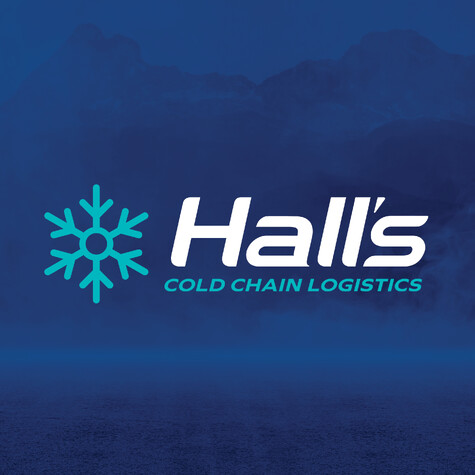 Close up of the Halls teal and white logo with snowflake on an icy blue background.