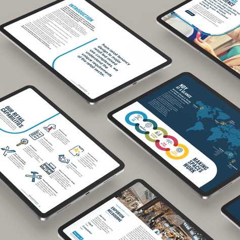 NDY retail capability document pages displayed digitally on multiple tablet screens, showcasing clean design with engaging icons.