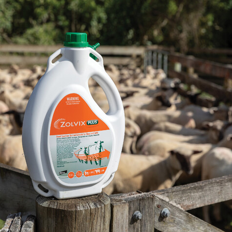 Zolvix Plus bottle with orange label and green bottle cap sitting atop a fence post, with blurred corral of sheep in background.
