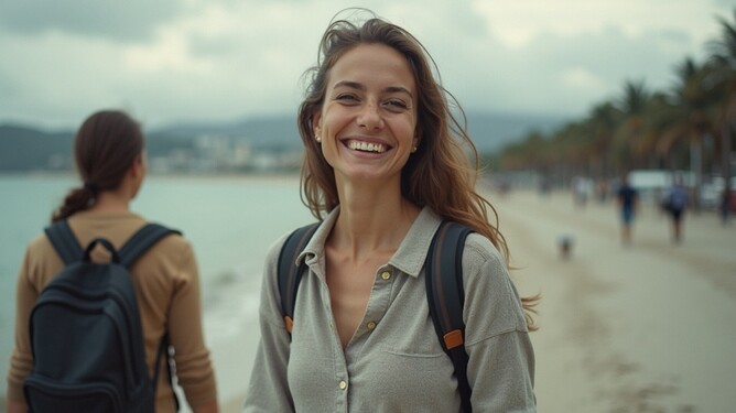 Woman on the beach travels overseas