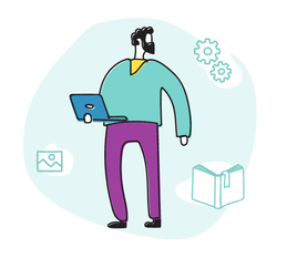 Underwing: Illustration of a male holding a latptop open, mid conversation. Underwing software can help your ECE centre