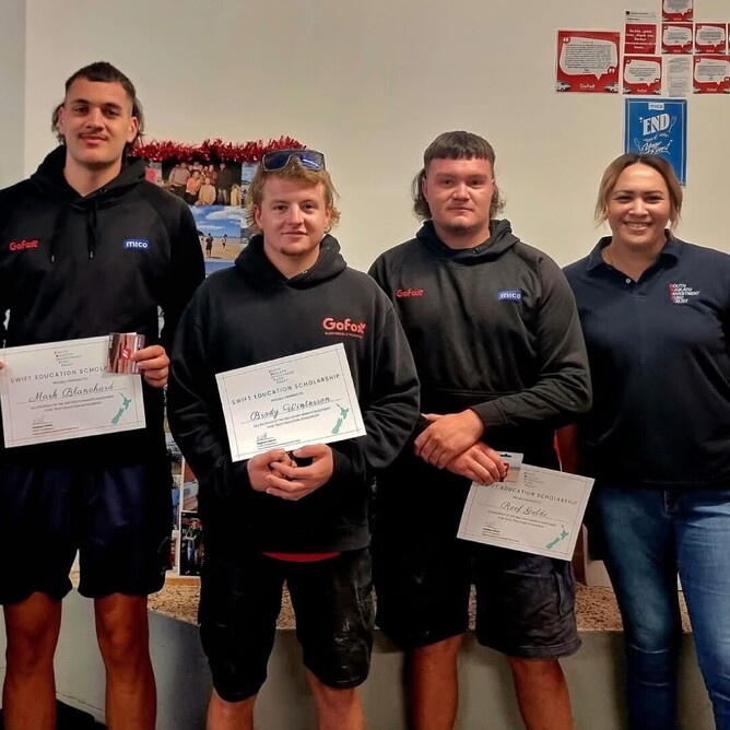 SWIFT Scholarship Recipients from Go Fox - L-R - MJ Blanchard, Brody Winterson, Reef Gulde and SWIFTY - Kiani Tuhua