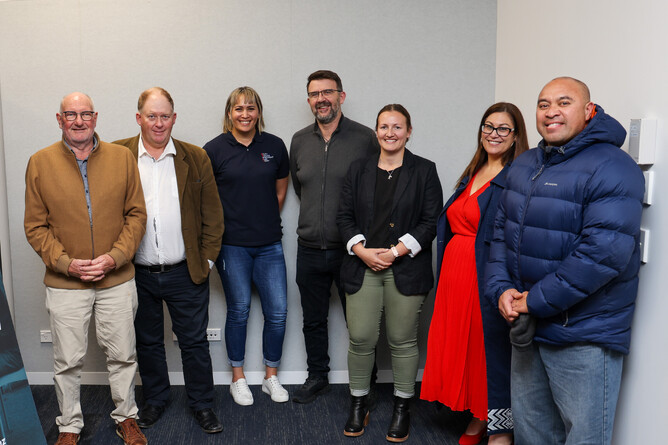 L-R Norm Barker, Gray Baldwin, Kiani Tuhua, Leighton Littlewood, Chloe Jones, Arama Ngapo, John Natua