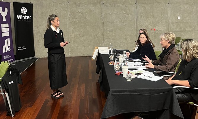 Kaden from Tokoroa High School making a pitch perfect.