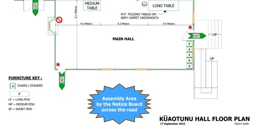 The floor plan of the Kūaotunu Hall showing the interior spaces in the hall together with their measurements and the location of emergency exits
