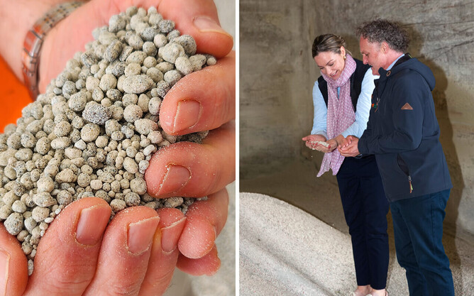 CEOs Clare Bradley (Agrisea) and Warwick Voyce (Fertco) inspecting SeaPhos at the Fertco Te Awamutu factory.