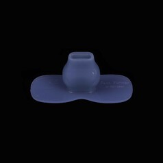 This a blue hat shaped mouth piece made of flexible silicone. It is centrally placed on a square black background.
