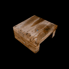 This is a roughly home made small wooden footstool. It bares the betina of use in the classroom with pencil markings, paint and dirt. Centrally positioned on a square black background.
