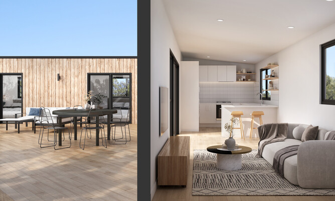 Image of the transportable cabin interior, built by Whitechurch Construction, Waikato residential builders.