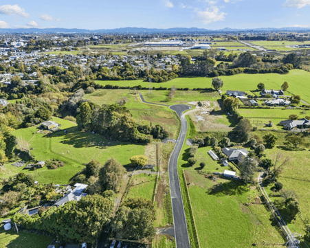 Aerial view of the Newstead House & Land Package section available with Whitechurch Construction at 161 State Highway 26, Morrinsville, Waikato. 