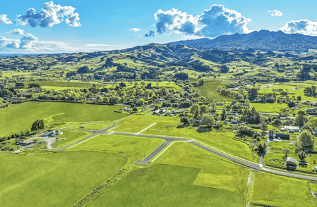 View with rural outlooks of Amber Views, Collinson Street Subdivision, Pirongia. House & Land Packages available with Whitechurch Construction, quality Waikato builders.