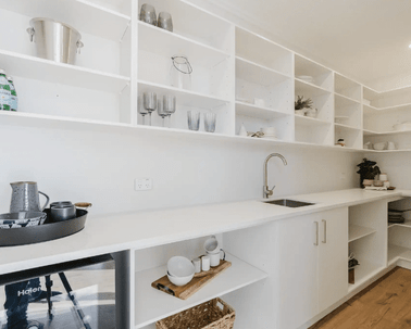 Image of light filled white scullery in Collinson Street, Pirongia new home, by Waikato residential builders Whitechurch Construction Limited.