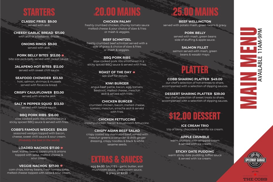 Menu | Speedway Garage Palmerston North