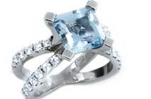 Step cut Aquamarine split shank with round brilliant diamonds