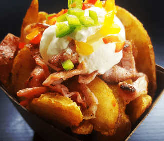 WORM WEDGES - Seasoned Wedges, Bacon Bits, Sour Cream/Garlic Aoili & Salsa